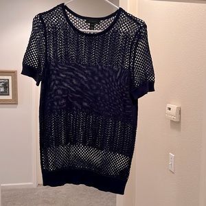 Saks Fifth Avenue Navy Blue Crochet Cotton Shortsleeved Women’s Medium Top.